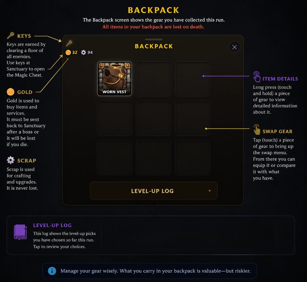 Backpack — keys, gold, scrap, inventory grid, tap and long-press interactions, and level-up log